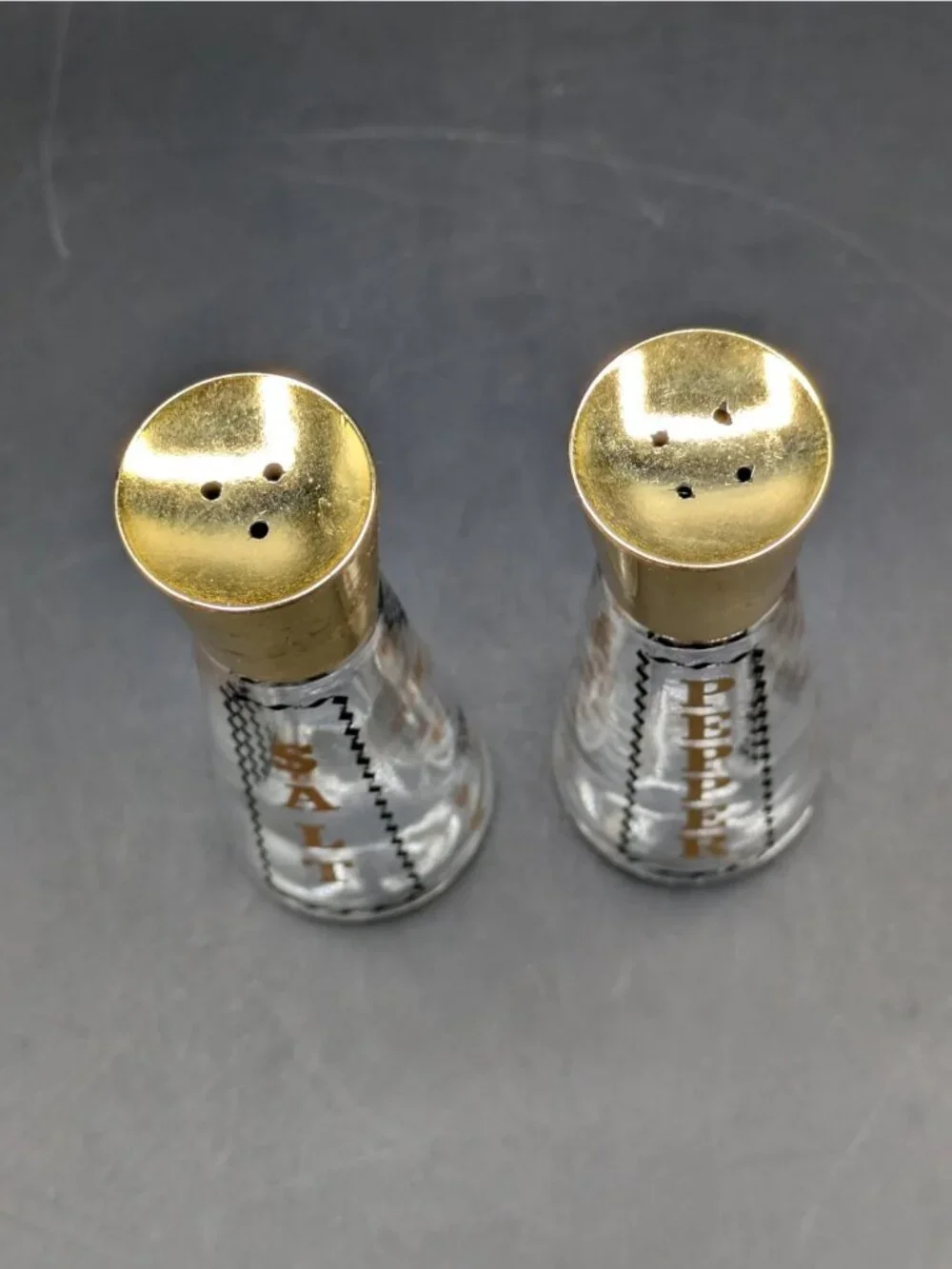 Vintage Salt and Pepper Shakers Starbrite Pattern Gold Top Atomic Star MCM 4